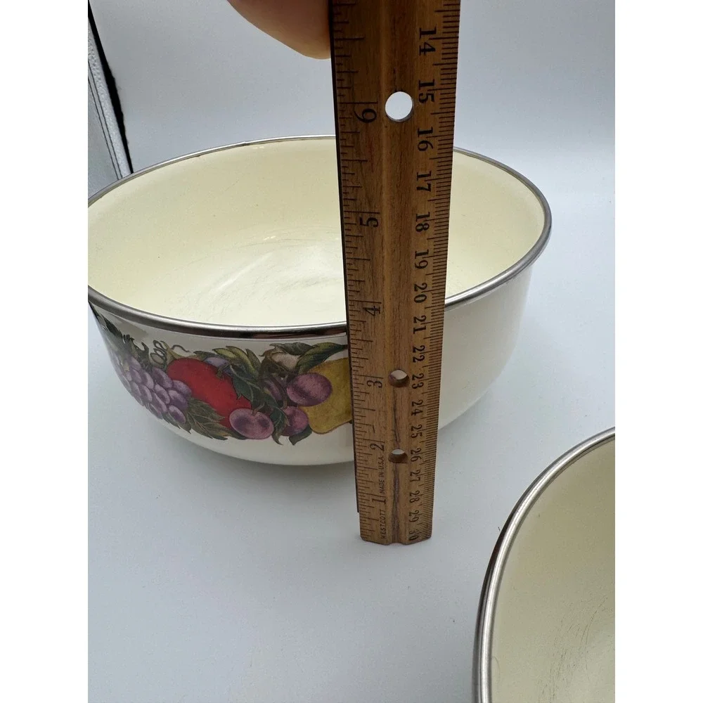 Vintage Cornucopia Enamel Nesting Mixing Bowls Set of 2 Fruit Pattern Cream 8.5